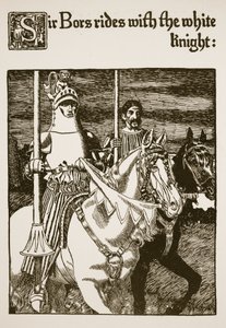 ボース卿は「聖杯の物語とアーサーの通過」のイラスト、白い騎士と一緒に乗っています。1910年頃 作： Howard Pyle